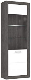 Furniture24 Vitrine Lennox New MRYV711L, Standvitrine, Wohnzimmerschrank, Vitrinenschrank mit 1 Tür, Betonoptik mit Weiß Hochglanz (Mit Beleuchtung)