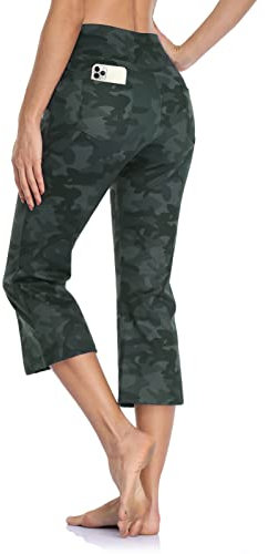 MOVE BEYOND Pantacourt de Yoga Bootcut avec 4 Poches pour Femmes Pantacourt Bootleg de contrôle du Ventre, Camouflage, S