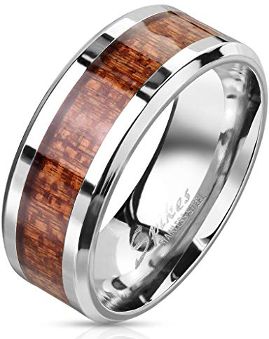 Paula & Fritz® Ring Damen Holz Inlay 316L Chirurgenstahl Größe 70 (22,3) Silber Herren-Ring Freundschaftsring Partnerring Ehering Frauenring Bandring
