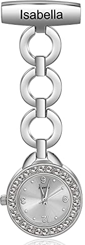 Lam Hub Fong Montre Infirmières Personnalisée Docteur Poche Montre avec Graver Le Nom Suspendu Montre Médicale Épinglette Broche à Clipser Femmes Hommes Montres de Plein air Cadeau (Argent)