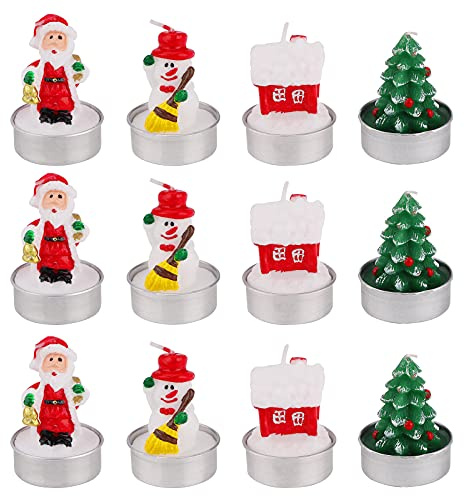 12 Stück Weihnachten Teelichter Kerzen weihnachtskerzen Weihnachtsmann Schneemann Weihnachtsbaum Haus Teelichter kerzen Set Dekorative Kerze für Innen Draußen Camping Party Dekoration Frauen Geschenke