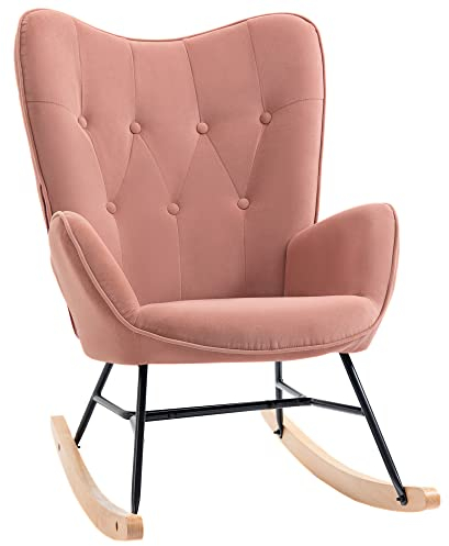 HOMCOM Schaukelstuhl mit Stahlrahmen gepolstert Relax Stuhl Sessel Stuhl Wohnzimmersessel Lounge mit gepolsterter Sitzfläche samtartiges Polyester Gummiholz Metall Rosa+Natur 65 x 70 x 96 cm
