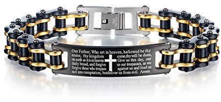LAFATINA Mens Masculine Large Heavy Motorcycle Bicycle Link Chain with English Bible Verse Cross ID Bangle Lords Prayer Bike Chain Bracelet Wristband