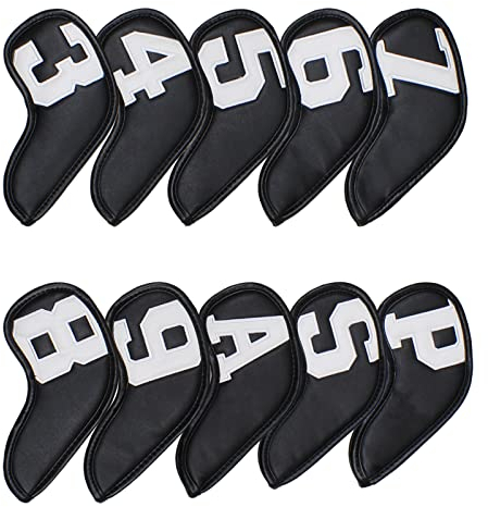 10 Pcs Synthetic Leather Iron Golf Head Covers Strong Magnetic Closure Long Neck Protect Club Shaft Clearly Number Tag 3-9/A/P/S (White Number)
