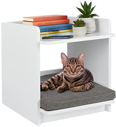 Relaxdays Beistelltisch mit Haustierbett, Katzen & kleine Hunde, HxBxT: 45 x 40 x 44,5 cm, Tierhöhle mit Kissen, weiß
