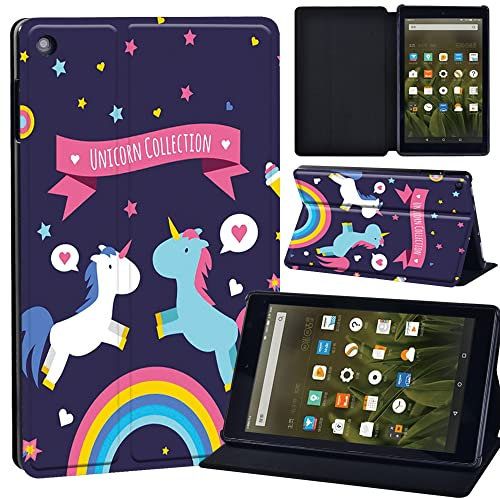 Marble pattern Printed Leather slim lightweight Tablet Stand Cover Case Fit Amazon Fire HD 8 Tablet 8th / 7th / 6th Generation - 2018, 2017 and 2016 Release (unicorn and rainbow)