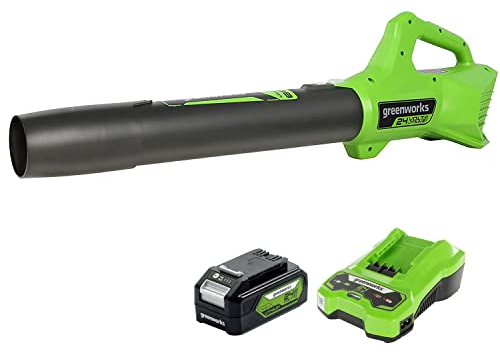 Souffleur de Feuilles axial à Batterie Greenworks(Li-Ion24V Vitesse de l'air143km/h,Volume d'air 531m³/h,Turbine axiale puissante avec contrôle électroniquede la Vitesse,batterie4Ah et chargeurinclus