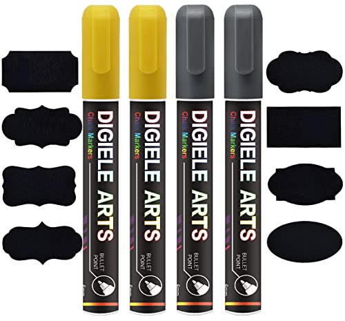 DIGIELE Kreidestift Gold + Silber, 2 Kreidestifte Gold + 2 Kreidemarker Silber 6mm+16 Tafel Labels, Trocken oder Feucht Abwischbare Flüssigkreide, Reversibel Stiftspitze-Whiteboard/Tafel/Fenster/Glas