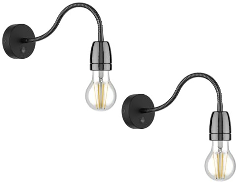 ledscom.de 2x Wandleuchte POZ, Schwanenhals, Schalter, Porzellan, Stahl, schwarz glänzend, inkl. E27 3-Stufen LED Lampe max. 963lm warmweiß