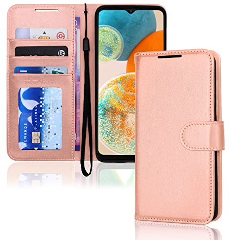 TECHGEAR Galaxy A23 5G Leather Wallet Case, Flip Protective Case with Wallet Card Holder, Stand and Wrist Strap - Rose Gold PU Leather with Magnetic Closure Designed For Samsung A23 5G
