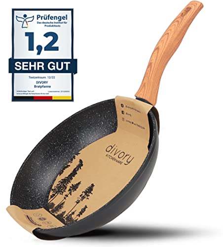 DIVORY Bratpfanne 20cm Induktion – Antihaft Beschichtete kleine Universalpfanne für alle Herdarten - fester Griff, Spülmaschinen geeignet (Helles Holz, 20cm)