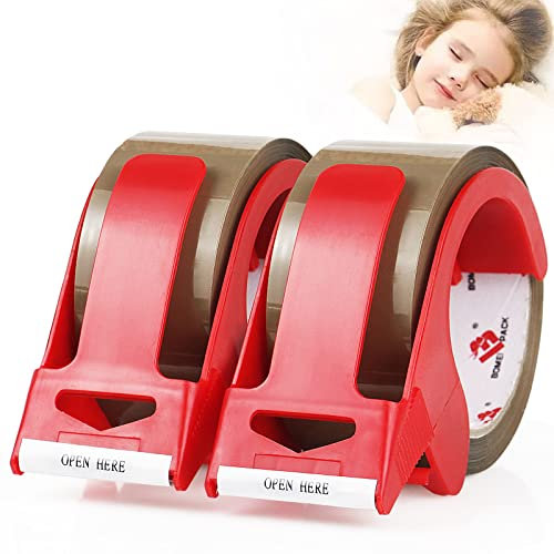 BOMEI PACK Ruban Adhésif Havane Marron à déroulement silencieux pour Emballage des Colis et des Boîtes d'Expédition, 2 Rouleaux de 66 m x 50 mm avec Dérouleur