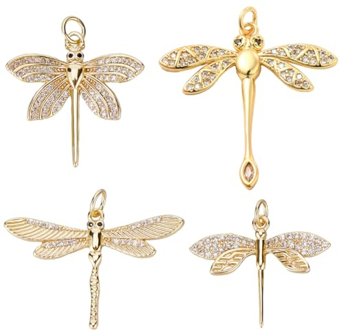 Beebeecraft 8 Stück 4 Stile Libellen-Charms 18 Karat Vergoldet Fliegende Tier-Charms Mit Zirkonia Flügel-Tier-Anhänger Für Frühling Und Sommer Armbänder Halsketten