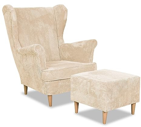 Family Meble Ohrensessel Cord mit Hocker, Modell Bonito, Skandinavisch, Relaxsessel aus Webstoff, Loungesessel, Sessel mit Fußstütze, Bequemer Sessel, Für Wohnzimmer, Esszimmer, Schlafzimmer, Beige