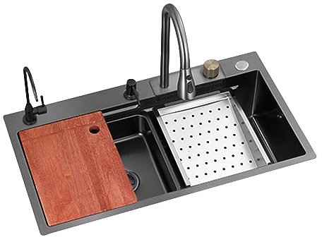 Noir Évier Cuisine Multifonction Evier Cuisine 1 Bac Inox Professionnel Lavabo Cuisine Evier Buanderie Encastré avec Rince Verre, Robinet Évier de Poste de Travail de Ferme de Cuisine Encastré ( Color