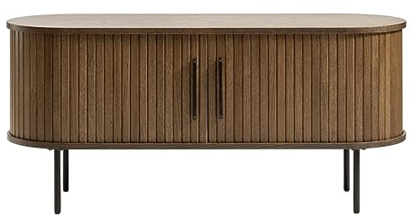 Trendstore Uriel Lowboard in Lamellenoptik, Schiebetüren, moderner Retrolook, Lamellen-Design, Metallakzente, praktische Metallfüße, Wohnzimmer, Lamellen Eiche Furnier Smoked, 120