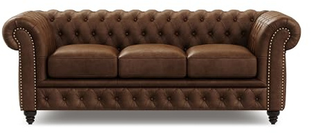 Valencia Parma Chesterfield 3 Seater Sofa 82 | Premium Leather | Mid-Century Leather Couch with Classic Button Tufted Back, Wood Legs for Living Room, Chocolate