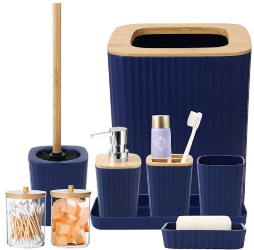 XLHOMO Blue Bathroom Set - Navy Blue Bathroom Accessories Set with with Trash Can,Toothbrush Holder,Toothbrush Cup,Soap Dispenser,Tray,Soap Dish,Toilet Brush,Qtip Holders for Bathroom Home Decor