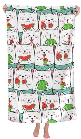 VODRM Wassermelonen-Strandtuch, 81,3 x 132,1 cm, Mikrofaser, schnell trocknend, Bad, niedliche Katze, Meerjungfrau, essende Melone, große Handtücher, weich, leicht, Pool, übergroße Handtücher,