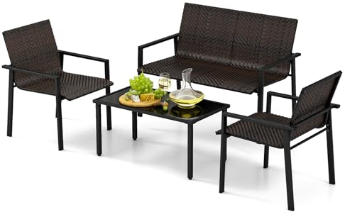 GIANTEX Juego de Muebles de Jardín 4 Piezas, Muebles de Ratán para 4 Personas, 1 Banco, 2 Sillas y 1 Mesa de Centro, Tablero de Mesa de Cristal, para Terraza, Piscina, Jardín (Marrón)