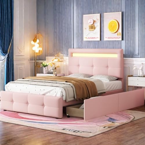 Letto Matrimoniale con contenitore 90 x 200 con luci a LED, letto imbottito con 2 scomparti e testiera, letto matrimoniale con rete a doghe, Testiera Regolabile, letto per gli ospiti, rosa