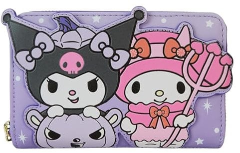 Loungefly Sanrio Kuromi and My Melody - Portafoglio con cerniera per Halloween, Viola, standard, Portafoglio con cerniera