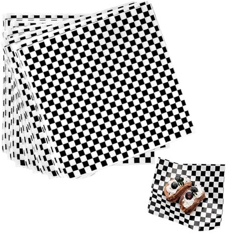100 Sheets Black and White Checkered Greaseproof Paper, Oil-Proof Wrapping Wax Tissue, Paper Wraps, Deli Liner Checkered Paper for Food
