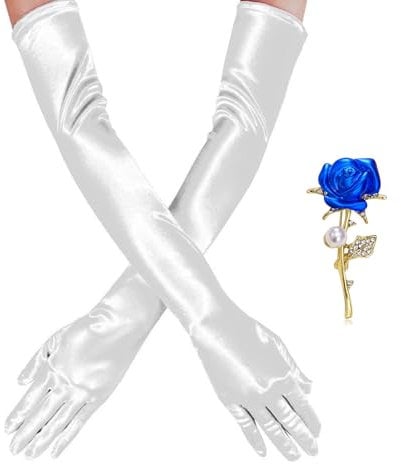 Long Gloves,White Gloves with Rose Pin,Satin Gloves,Stretchy Elbow Length Gloves,Long Elbow Satin Gloves Evening Opera Gloves for Women for for Grand Galas, Weddings, Bridal Showers, Fancy Parties