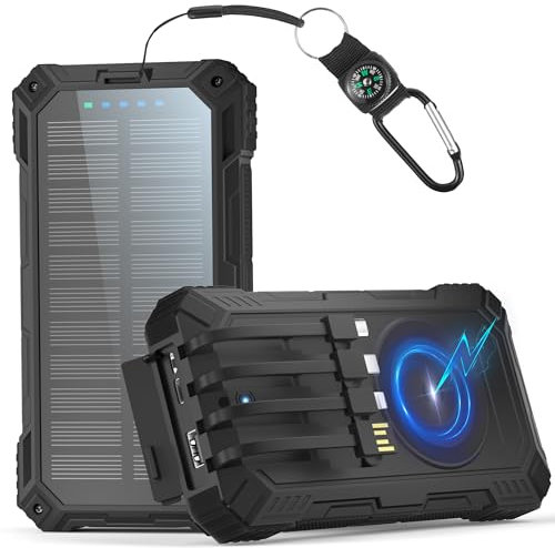 56800mAh Batterie Externe Solaire: 30W PD 3.0A USB C Power Bank Charge Rapide avec 4 Câbles, 6 Sorties/3 Entrées, 15W Chargement sans Fil, Lampe de Poche, Voyant LED, Chargeur Externe pour Téléphone
