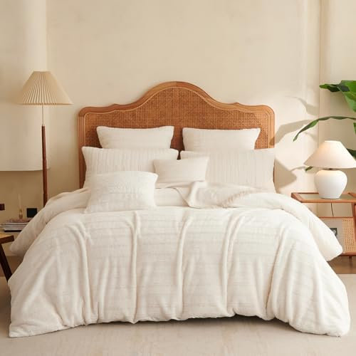 Covebett Bettwäsche Winter Plüsch 155x220 Creme Weiß Gestreift Flanell Warme Weich Cashmere Touch Winterbettwäsche Flauschig Fleece Bettbezug mit Reißverschluss und 1 Kissenbezug 80x80