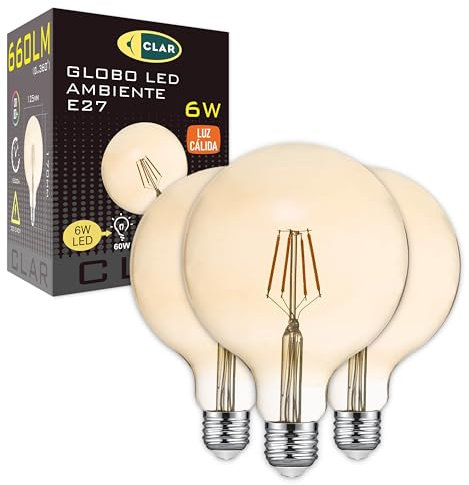 CLAR - Vintage Glühbirne E27, Retro Glühbirne E27, Warmweiss 2500ºK G125 (Pack 3)