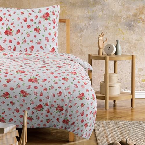 Trautesheim Blumenbettwäsche-Set Rosa Rot Rosen-Bettwäsche - zweiteilig: 135x200 und 80x80 - Ökotex100 und BCI - aus 100% nachhaltiger Baumwolle - mit Reißverschlüssen