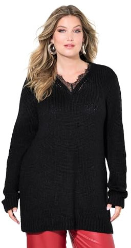 MIAMODA Damen große Größen Übergrößen Plus Size Pullover, Classic Fit, Grobstrick, Ausschnitt mit Spitze schwarz 42+ 835167100-42+