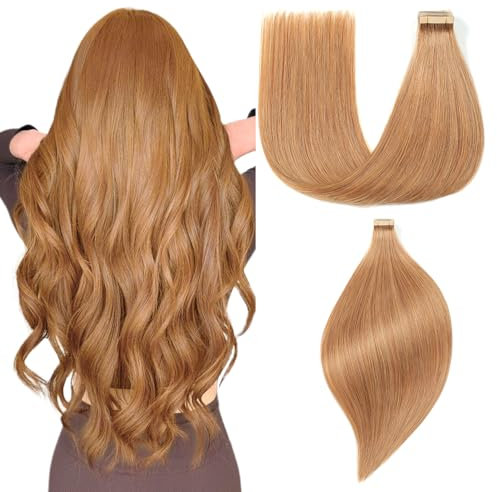 EINbeauty Tape Extensions Echthaar 20pcs Extensions Echthaar 60cm 50g Kurkumabraun Tape In Extensions Echthaar Invisible Echthaar Extensions Tape Glatt Haarverlängerung Für Frauen(24inch,30#)