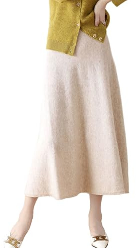 Ailaile Falda larga para mujer, 100 % lana merino, acanalada, elástica, lisa, cálida, para otoño e invierno