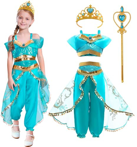 YOMIQIU Deguisement Princesse Jasmine Fille: Costume de Princesse Jasmine avec Baguette de et Couronne, Robe de Aladdin Carnaval Halloween Vêtements de fête d'anniversaire Cosplay 3-11 Ans
