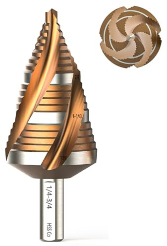 Bestwork Four Spiral Flute Step Drill Bit Set, 7/8 - 1-3/8(12 Step Size) Unibit Step Drill Bits, 3/8 Hex Shank Step Bits for Metal Aluminum, Wood, Plastic (19 Size)