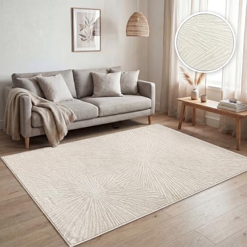 Paco Home Teppich Wohnzimmer Kurzflor, Moderne geometrische abstrakte Muster, 3D-Effekt, Regenbogen und Karo Design, glänzend luxuriös Ton in Ton, Farbe:Creme - Abstrakt, Grösse:230x320 cm