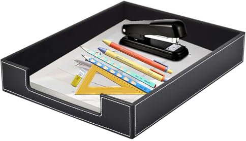 XNONE Leather Letter Tray,Office Supplies Desk Organizer for Mail Paper Files Magazines Jewelry Cosmetics,Luxury Letter Holder&Multipurpos Stackable Office Desktop Storage Box,Black
