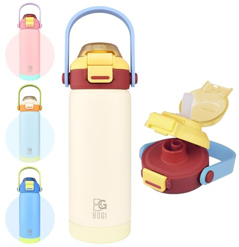 BOGI Kids Metal Water Bottle with Straw, 550ml Stainless Steel Water Bottle Kid for School Leak Proof Insulated Water Bottle with 2-in-1 Duo Lid for Boys Girls Keep Drinks 12h Hot & 24h Cold