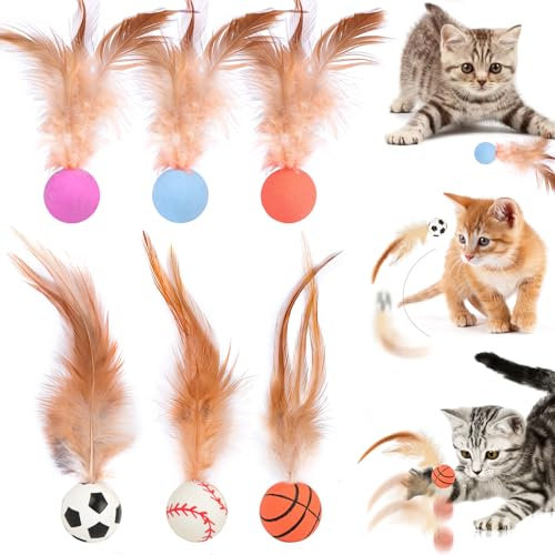 Hüpfball Spielzeug,6 Stück Neues Katzenspielzeug Feder Ball,Federspielzeug für Katzen Kitten,Interaktives Katzenbälle für Drinnen und Draußen,Katzen-Trainingsbälle zum Trainieren, Jagen Trainieren