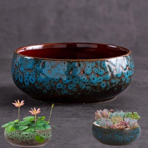 Lotus Bowl Planter,Ceramic Lotus Flower Bowl,Large Caliber Flow Glaze Daffodil Pot,Lotus Water Lily Succulent Household Simple Ceramic Basin,Sacred Bonsai Hydroponic Container (Blue)