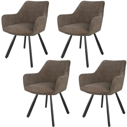 LEWE Esszimmerstühle 4er Set Drehbar, 180° Drehstuhl, Ergonomisch Polsterstuhl, Küchenstühle mit Armlehne, Metallbeine, Kurzflor-Stoff für Esszimmer Wohnzimmer Schlafzimmer, Braun