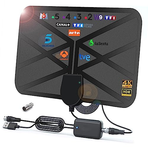 36DBI Antena TV Interior, 200 km Poderoso Antena HDTV Digital con Amplificador y Cable Coaxial para 1080P 4K Canales de TV Gratis DTMB VHF UHF DVB-T2 DVB-T TDT