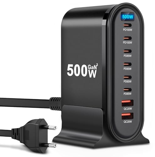 USB C Ladegerät, 500W Schnellladegerät,8 Port Ladestation Tech Netzteil Schnellladegerät,USB Ladegerät für iPhone, iPad Pro, MacBook, Samsung Handys