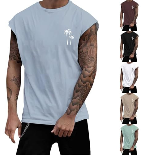Débardeur Hommes Tee Shirt sans Manche Été Sport Col Rond Coton Imprimé Plantes Palmiers Plage Casual Gym Tops