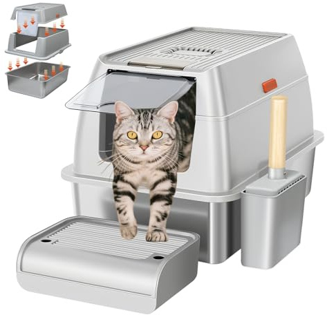 Stainless Steel Cat Litter Tray with Lid, AuraBlend 37L Extra Large Covered Tray for Large Cats, High-Sided, Enclosed or Semi-Open, Easy to Clean, with Scoop and Step