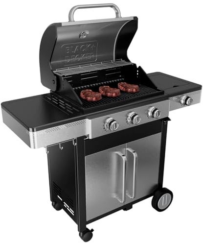 Black+Decker – Barbecue à gaz 3 brûleurs 3,6 kW + latéral 2,1 kW | Grill en fonte | Nettoyage facile | Thermomètre inox | Zone de cuisson modulable | Roulettes pivotantes