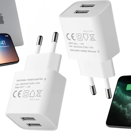 Cargador USB Pared 2 Puertos, Carga Rápida 5V/2A, Enchufe Tipo C Europeo, Adaptador USB para Móviles, Tablets, Auriculares – Compatible Universal, Certificado CE (Pack 2)