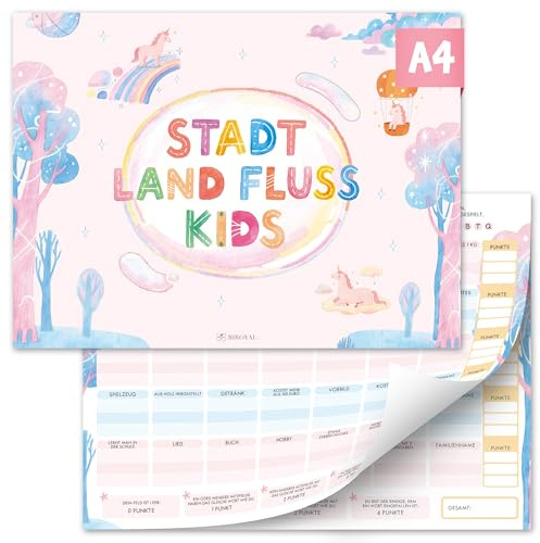 BIROYAL Stadt Land Fluss Kinder, Abreißblätter, 35 Kategorien, A4,Einhorn | Deutschvokabeln üben, für Familie und Kinder ab 9 Jahren, 50 Blatt,120g Papier, kein Durchdrücken, Hartpappe-Umschlag, Urlaub